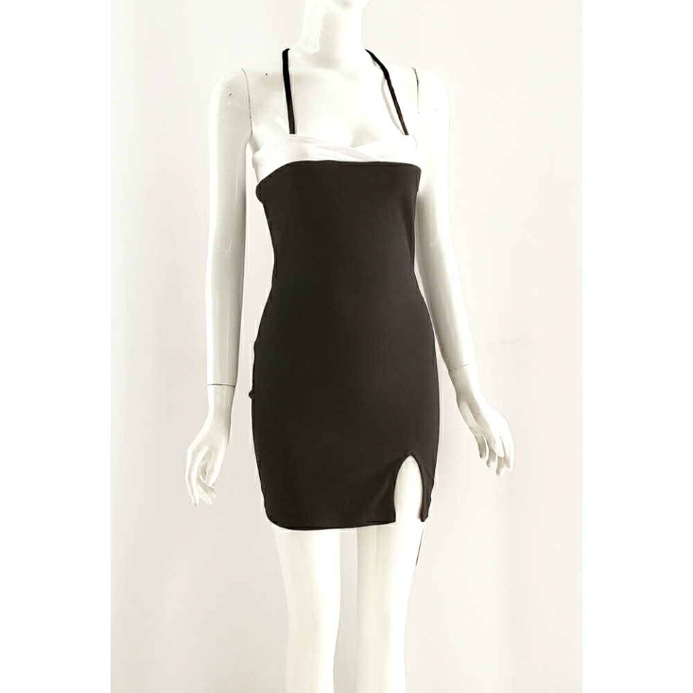 NEW Black & White Halter Knit Mini Bodycon Dress